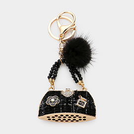 Heart Pointed Tweed Tote Bag Pom Pom Keychain