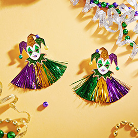 Mardi Gras Glittered Jester Pierrot Tassel Fringe Earrings