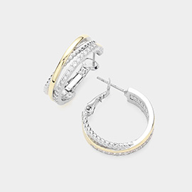 Two Tone CZ Stone Paved Split Metal Hoop Earrings