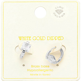 White Gold Dipped Princess Cut CZ Stone Huggie Earrings