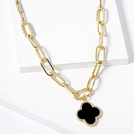 Gold Dipped Quatrefoil Pendant Paperclip Chain Necklace