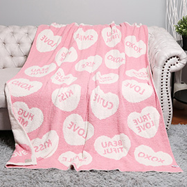 Message Written Heart Patterned Reversible Throw Blanket