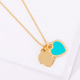 Enamel Metal Double Heart Pendant Necklace