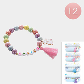 12PCS - Easter Message Bunny Charm  Tassel Stretch Bracelets