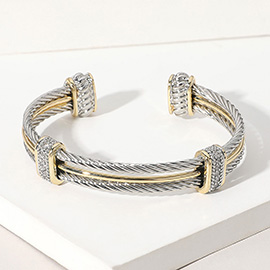 CZ Stone Paved Two Tone Metal Rope Cuff Bracelet