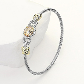 Round CZ Stone Pointed Textured Metal Rope Bangle Bracelet