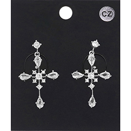 CZ Stone Cross Pendant Dangle Earrings