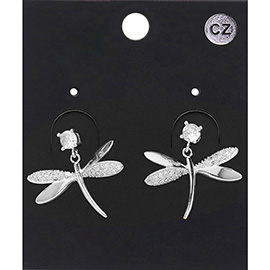 CZ Stone Paved Dragonfly Dangle Earrings