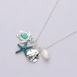 Palm Tree Starfish Sea Turtle Pearl Pendant Necklace