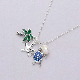 Sea Turtle Starfish Sand Dollar Pearl Pendant Necklace