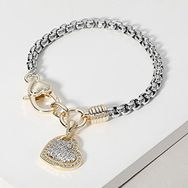 Two Tone 14K Gold Plated CZ Stone Paved Heart Charm Bracelet