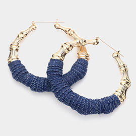 Oversized Denim Thread Wrapped Metal Bamboo Pin Catch Hoop Earrings