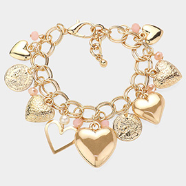 Metal Heart Coin Pearl Charm Bracelet