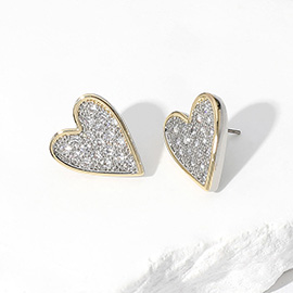 14K Gold Plated CZ Stone Paved Heart Stud Earrings