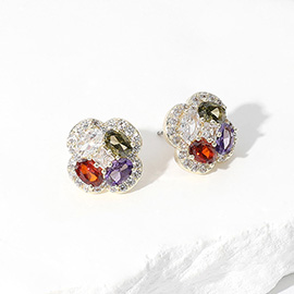 14K Gold Plated Colorful CZ Stone Paved Flower Evening Stud Earrings