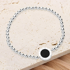 Roman Numeral Round Disc Pointed Stainless Steel Ball Beaded Stretch Bracelet