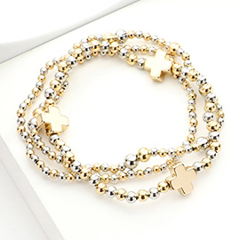 3PCS - Metal Cross Ball Beaded Stretch Multi Layered Bracelets