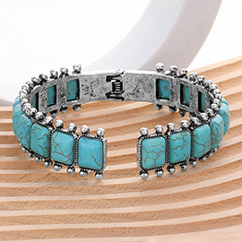 Square Western Turquoise Stone Embellished Hinged Cuff Bracelet