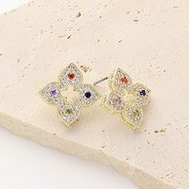 14K Gold Plated CZ Stone Paved Quatrefoil Stud Earrings