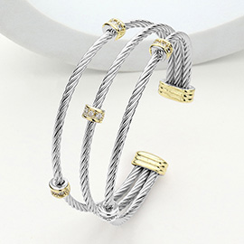 CZ Stone Paved Bar Pointed Triple Cable Split Cuff Bracelet