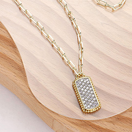 14K Gold Plated CZ Stone Paved Dog Tag Pendant Necklace