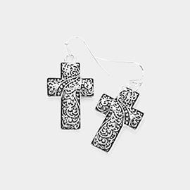 Antique Metal Filigree Cross Dangle Earrings