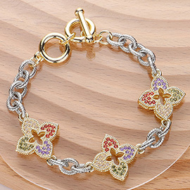 14K Gold Plated CZ Stone Paved Clover Link Two Tone Toggle Bracelet