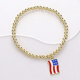 Stainless Steel Enamel American USA Flag Charm Pointed Stretch Bracelet