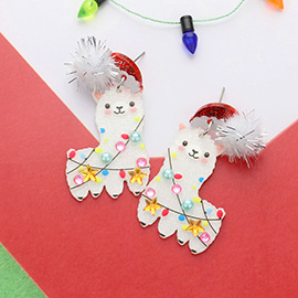 Glittered Resin Pom Christmas Llama Dangle Earrings