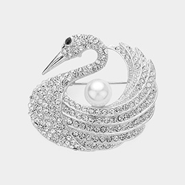 Pearl Pointed Stone Paved Swan Pin Brooch