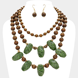 Natural Stone Wooden Ball Beaded Layered Statement Necklace