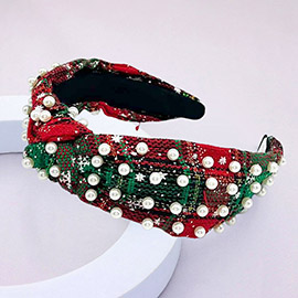 Pearl Embellished Snowflake Printed Checkered Knot Headband