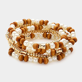 6PCS - Pearl Wood Ball Beaded Stretch Multi Layered Bracelets