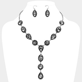 Teardrop Round Faceted Stone Cluster Link Y Shaped Necklace