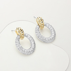 14K Gold Plated CZ Stone Paved Oval Dangle Evening Earrings