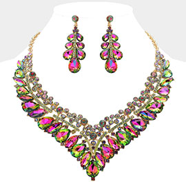 Teardrop Marquise Round Stone Embellished V Shaped Evening Necklace