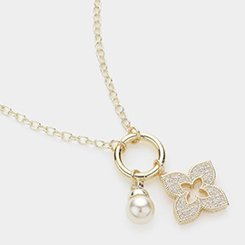 14K Gold Plated CZ Stone Paved Clover Natural Pearl Charm Pendant Necklace