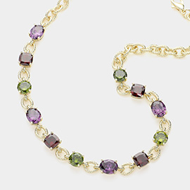 14K Gold Plated CZ Round Square Stone Cushion Link Necklace