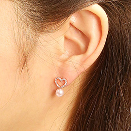 14K Rose Gold Dipped CZ Stone Paved Open Heart Pearl Hypoallergenic Stud Earrings