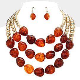 Glass Pebble Stone Beaded Triple Layered Statement Necklace