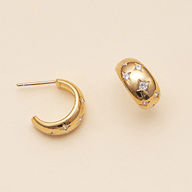 Semi Fine Collection - 18K Gold Dipped CZ Stone Paved Northern Star Mini Hoop Earrings