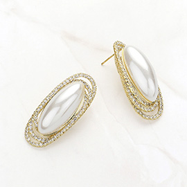 Oval Pearl Pointed Rhinestone Paved Rim Earrings