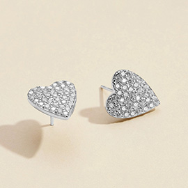 Semi Fine Collection - 18K White Gold Dipped CZ Stone Paved Heart Stud Earrings