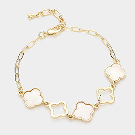 Mother Of Pearl Open Quatrefoil Link Paperclip Chain Bracelet