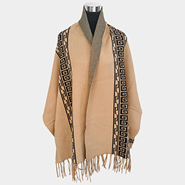 Greek Geometric Patterned Poncho with Fringe