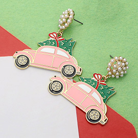 Enamel Christmas Pink Car Dangle Earrings