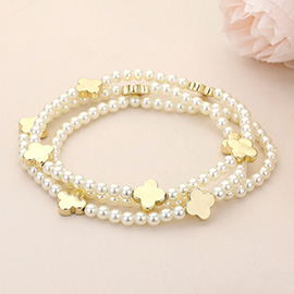 3PCS - Metal Quatrefoil Pearl Beaded Stretch Multi Layered Bracelets