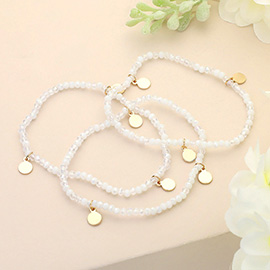 3PCS - Metal Disc Charm Faceted Beaded Stretch Multi Layered Bracelets