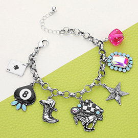 Ace Of Clover 8 Ball Billiard Metal Western Boot Horse Star Dice Charm Station Bracelet