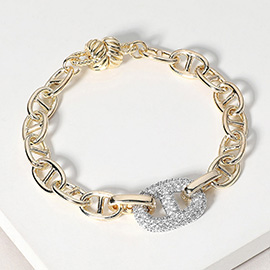 14K Gold Plated CZ Stone Paved Mariner Link Accented Magnetic Bracelet